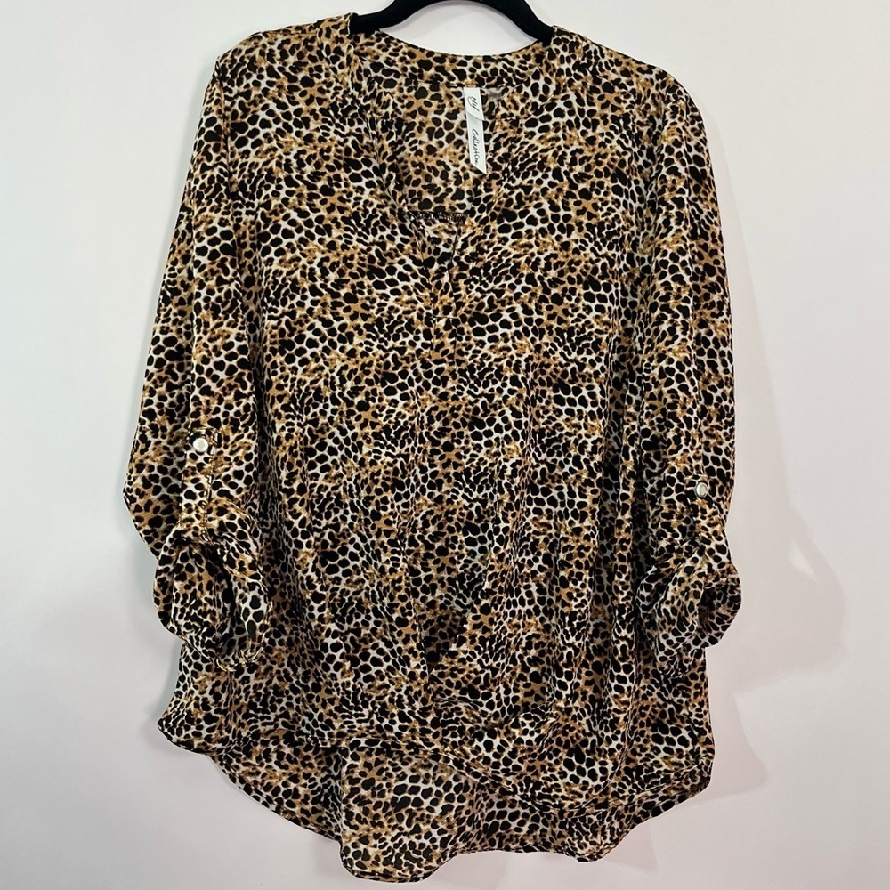 NY Collection Leopard Cheetah Animal Print Top V Neck Gathered Twist Front Sz L
